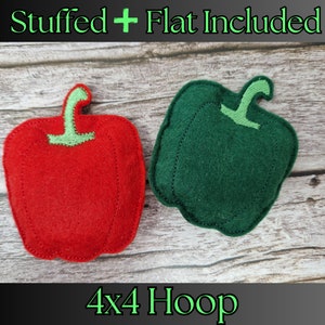May include: Two felt bell peppers, one red and one green, with a green stem and a stitched outline. The peppers are on a wooden background with the text "Stuffed + Flat Included" and "4x4 Hoop" in green text.