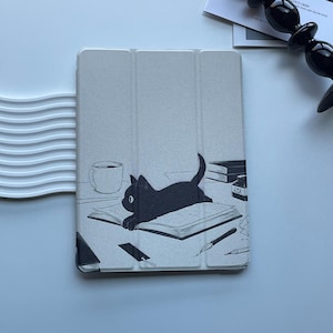 Cute Cartoon Coffee Cat iPad Case with Pencil Holder Protective ipad Air Case and iPad Pro Case Cover for All Models