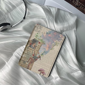 May include: A vintage-style book cover with a collage of images, including a couple climbing a tower, a mushroom, and a floral design. The cover has a faded, antique look and features text in a serif font.