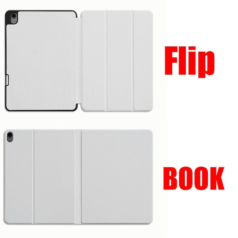 May include: Two images showing a white tablet case in two different positions. The first image shows the case folded to protect the screen, labeled "Flip". The second image shows the case folded to create a stand, labeled "Book".