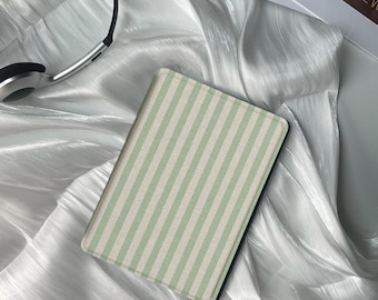 Light Green and Cream White Stripes Magnetic Kindle Case with Hand Strap-Kobo Clara Case Kindle Paperwhite12th Gen Cover-Gift for Book lover