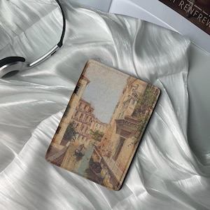May include: A vintage-style illustration of a canal in Venice, Italy. The image features buildings with arched windows and balconies, a gondola with a gondolier, and a bridge over the canal.