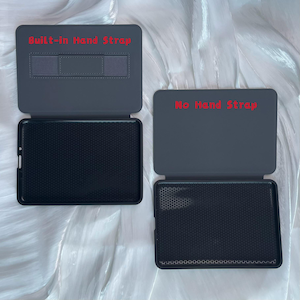 May include: Two open, gray tablet cases. The case on the left has a built-in hand strap, while the case on the right does not. Both cases have a black, textured interior. The text "Built-in Hand Strap" and "No Hand Strap" are visible.