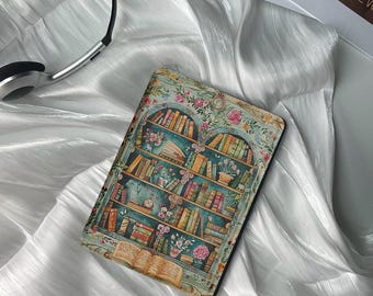 May include: A vintage-style book cover design featuring a bookshelf filled with colorful books, flowers, and a clock. The bookshelf is painted in a teal blue color with a gold frame and floral accents.