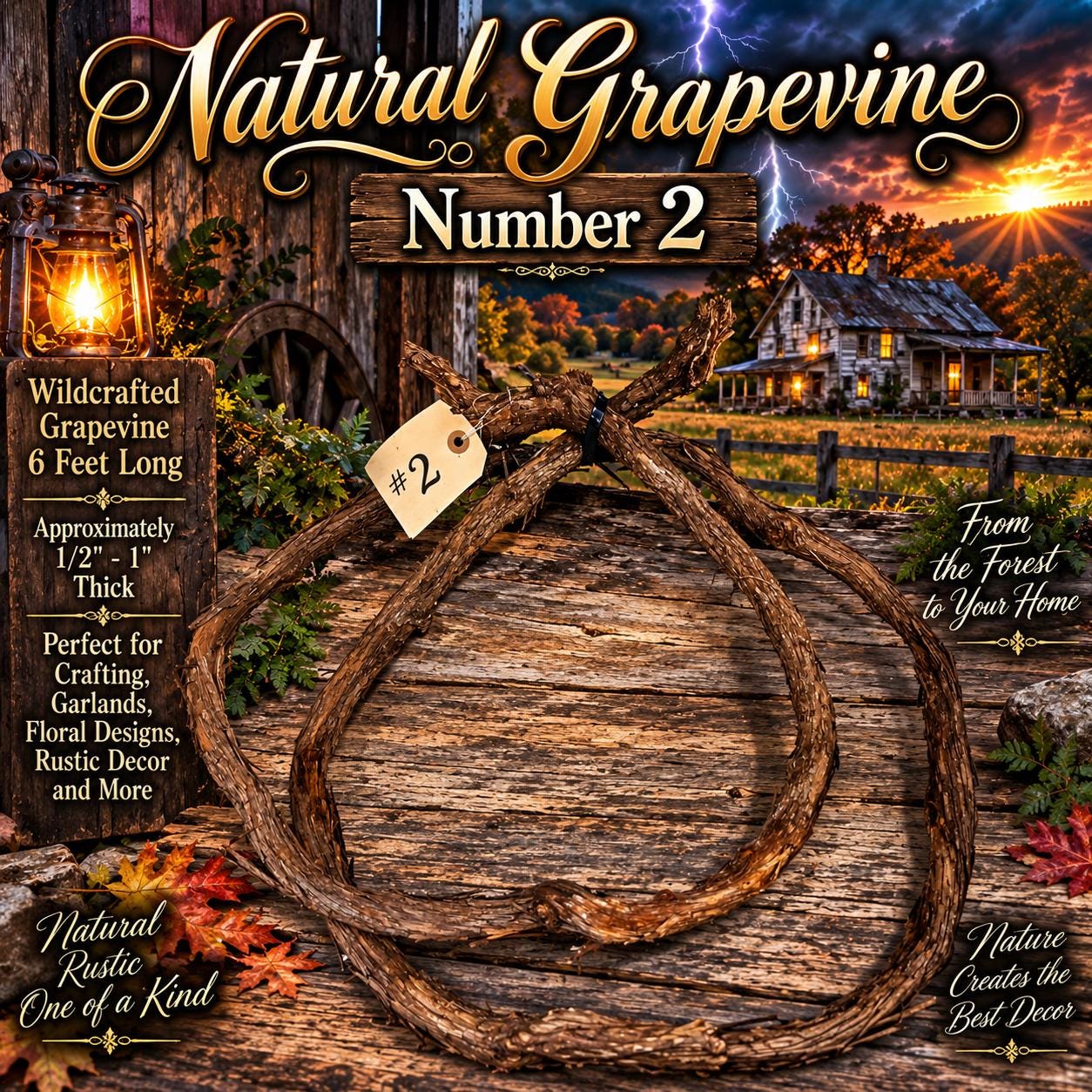 Wildcrafted Grapevine No. 2, 6 Foot Natural Grapevine, 3/4 to 1 Inch Thick Vine, Rustic Craft Supply, Floral Decor, Farmhouse Crafts