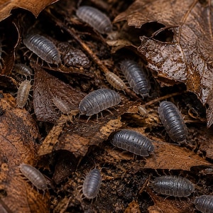 May include: Close-up of several gray woodlice, also known as pill bugs, crawling among fallen brown leaves. The woodlice have segmented bodies and are various sizes. The leaves are wet, suggesting recent rainfall.