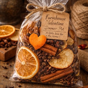 May include: A clear cellophane bag tied with twine, filled with dried orange slices, cinnamon sticks, and cloves. A heart-shaped orange slice and a tag that reads "Farmhouse Valentine Simmer Pot" are attached.