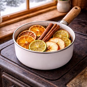 May include: A white saucepan filled with sliced oranges, limes, and apples, along with cinnamon sticks. The pan has a wooden handle and sits on a dark, rustic stove. A window with a snowy view is in the background.