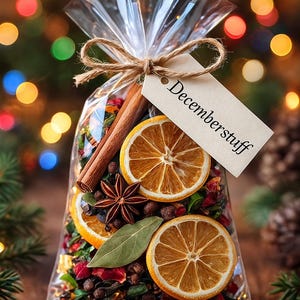May include: A clear cellophane bag tied with twine, filled with dried orange slices, cinnamon sticks, star anise, and other spices. A tag that reads "Decemberstuff" is attached. The background features blurred Christmas lights.