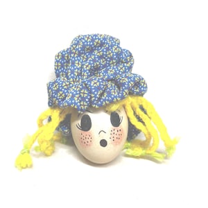 Vintage Handmade Real Eggshell Girl Ornament Primitive Folk Art Blue Calico Bonnet Blonde Braids Rustic Christmas Decor OOAK