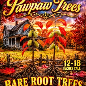 May include: Two bare root pawpaw trees with exposed roots and green fruit on branches. Text reads: Pawpaw Trees, 12-18 INCHES TALL, BARE ROOT TREES, Fruit Bearing, Hardy, Easy to Grow. The background shows a house and autumn trees at sunset.