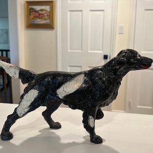 Può includere: Figurina di cane in ghisa nera e bianca. Il cane è in piedi con la testa girata a destra. Il cane ha una macchia bianca sul petto e una macchia bianca sulla zampa posteriore.
