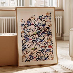 Arte de parede abstrata de bicicleta, pintura em aquarela colorida de ciclismo, presente de decoração para ciclista, ilustração de bicicleta vintage, pôster estético de ciclismo