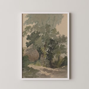 English Country Lane Watercolor Wall Art Print | Romantic Haystack Tree Painting Poster | Cottage Decor