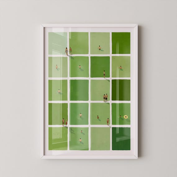 Mid Century Modern Green Stripe Print: Pastel Swimmers Wall Art
