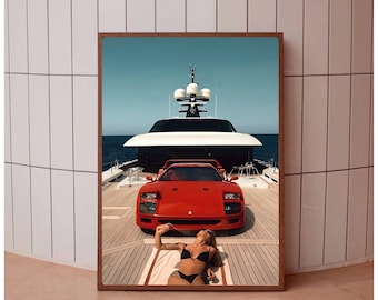 Retro Boating High Society Ferrari Art Print, Aesthetic Girly Wall Art, Retro Car wall art, Man Cave Wall Art, Trendy Boating Art