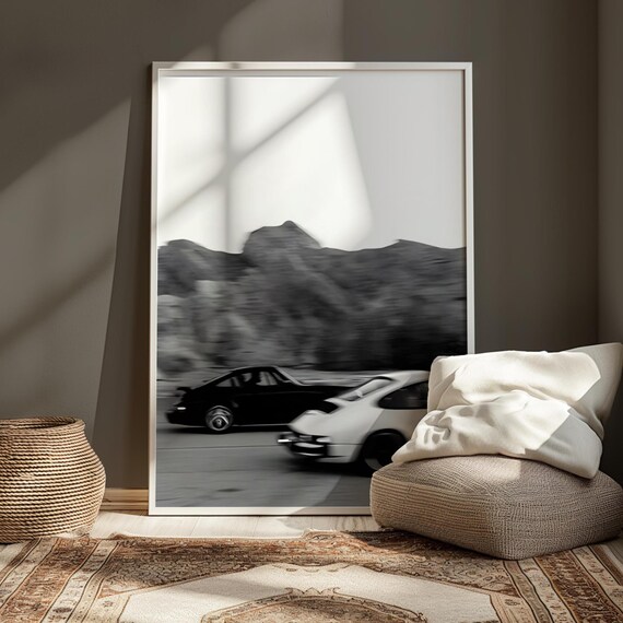 Racing Porsche Digital Art Print, Vintage Car Poster, Hypebeast Wall Decor, Automotive Wall Art, Porsche 911 Poster, Black/White