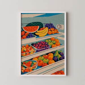 以下が含まれることがあります： 様々な新鮮な果物が並んだ、カラフルな果物屋台のイラスト。スイカ、バナナ、ブドウ、オレンジ、リンゴなどの果物が棚に並んでいます。このアートワークは、青とベージュのカラーパレットで、ヴィンテージレトロスタイルです。