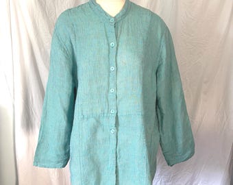 FLAX Vintage Size M Aqua Blue Linen Artist Painters Shirt Top