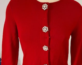 VINTAGE Talbots Merino Wolle Rot Strickjacke Pullover Strass Knöpfe Größe Small S