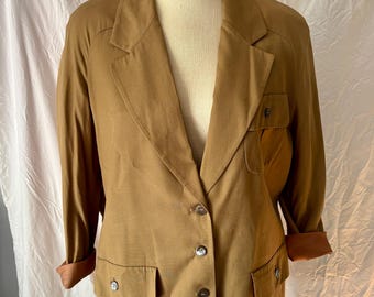 Blazer militar bege-oliva Tahari Rayon e seda da Vintage Alternatives