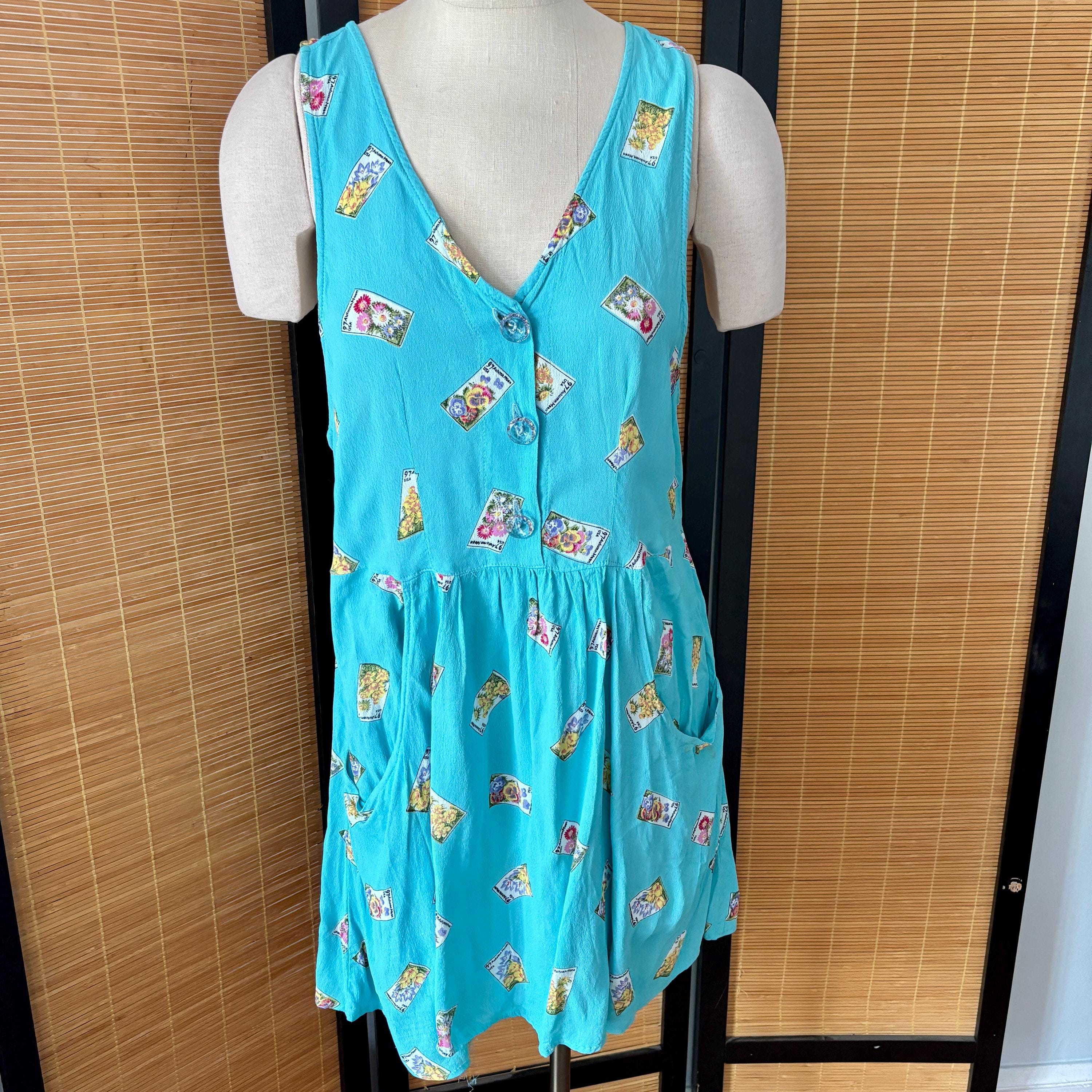 Vintage Herbst Mond Türkis Rayon Mit Samen Packet Print Kleid OS