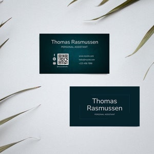 Plantilla de tarjeta de presentación profesional con código QR oscuro / Diseño minimalista moderno en azul marino / Plantilla de Canva editable / Tarjeta de presentación para imprimir