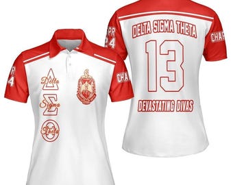 Delta Sigma Theta Polo Shirt Custom Chapter, Personalized Sport Line White Mix Crimson Polo Shirt, 1913 Greek Life Sorority Polo Shirt