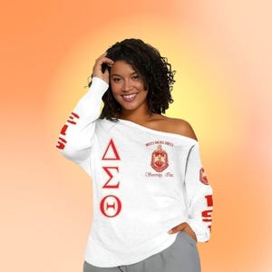 Delta Sigma Theta Off Shoulder Sweatshirt Custom Chapter, 1913 Crimson Shirt, Sorority Apparel Gift, Greek Gear for Delta Sigma Theta Women
