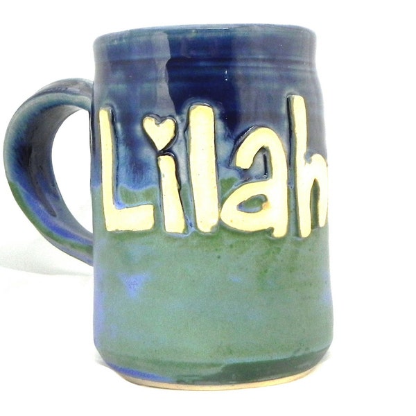 Ceramic Handmade Pottery Wheel thrown Stoneware Personalized Name Mug by Jewel Pottery Cup Each one Unique