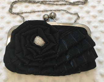 Clutch Black Satin Silver Kiss Snap Lock Black Satin Rhinestone Accent Rose Pocketbook Purse