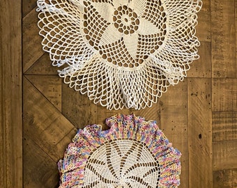 Lot of Vintage Crochet Doilies 2 Piece Doily Lot, Cotton Handmade Craft 1950s Wedding Decor Star