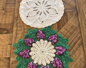 Lot of Vintage Crochet Doilies 2 Piece Doily Lot, Cotton Handmade Craft 1950s Grapes, pineapples, flowers