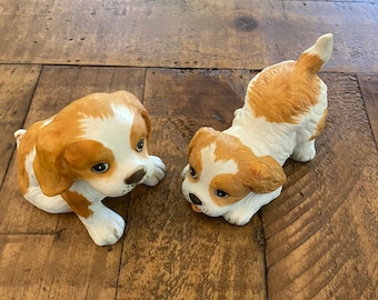 Two Homco Cocker Spaniel Puppy Dogs / Puppies Ceramic Figurines Vintage Home Interior
