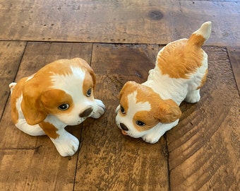 Two Homco Cocker Spaniel Puppy Dogs / Puppies Ceramic Figurines Vintage Home Interior