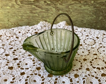 Green glass Ashtray coal bucket Shuttle with Metal handle