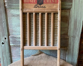 Vintage The Home Crest Brass And Wood Washboard Home Crest Co Primitive Laundry Decor