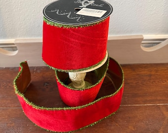 MayReel Red Velvet Ribbon Green trim 4-Inch by 10-Yard Spool