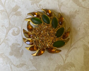 Vintage Green and Topaz Glass Rhinestone Brooch