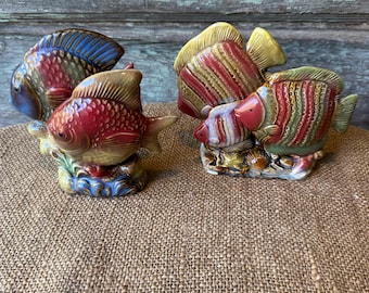 Set Of 2 Vintage Ceramic Fish Figurines Tropical Sea Life Decor