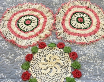 Lot of Vintage Crochet Doilies 3 Piece Doily Lot, Cotton Handmade Craft 1950s Wedding Decor Roses, flowers