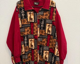 Vintage Silver Threads Jacket Womens Bomber Lightweight Made In USA Size 1X Giraffe Maroon