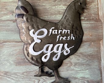 Fresh Farm Eggs Metal Chicken Farmhouse Sign Kitchen Decor