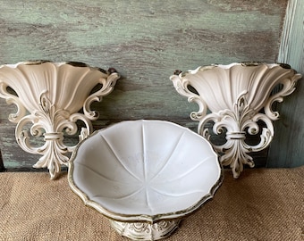 Vintage Syroco Wall Pocket Planter Sconce and Bowl Set of 3 Cream & Gold Hollywood Regency MCM.