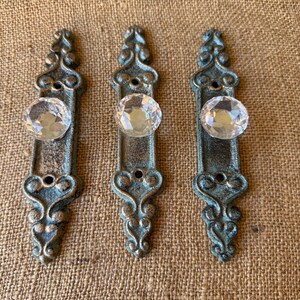 3 New Brown, gold and Teal Crystal GLASS cabinet drawer pulls knobs handles with Cast Iron plate Old style hardware