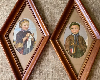 Vintage ALBERT ANKER School Boy and Girl Knitting Framed Pictures FarmhouseWall Hangings