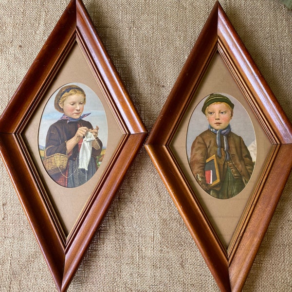 Vintage ALBERT ANKER School Boy and Girl Knitting Framed Pictures FarmhouseWall Hangings