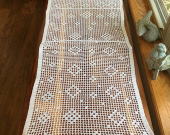 White Pink Trim Crochet Table Runner, Vintage 37 x 17 Inches Dresser Scarf ,  Cotton Handmade  Wedding Decor