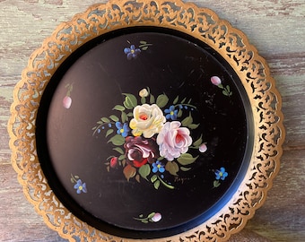 Vintage Nashco Toleware Round Tray hand painted Roses 12" Farmhouse