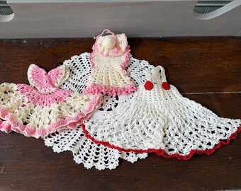 Lot of 3 Vintage Hand Crochet Hanging Dress Potholder
